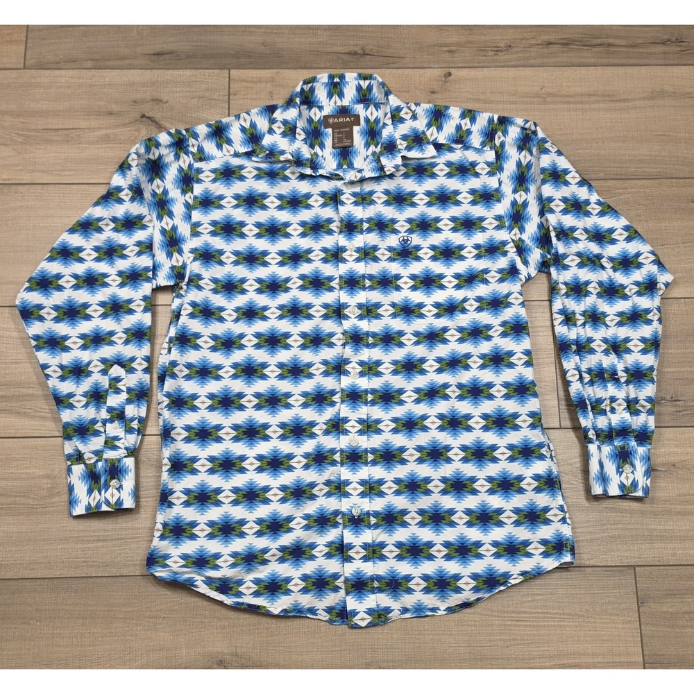 Ariat Southwestern Aztec Stripe Long Sleeve Button Up Shirt White Men's Sz Small
